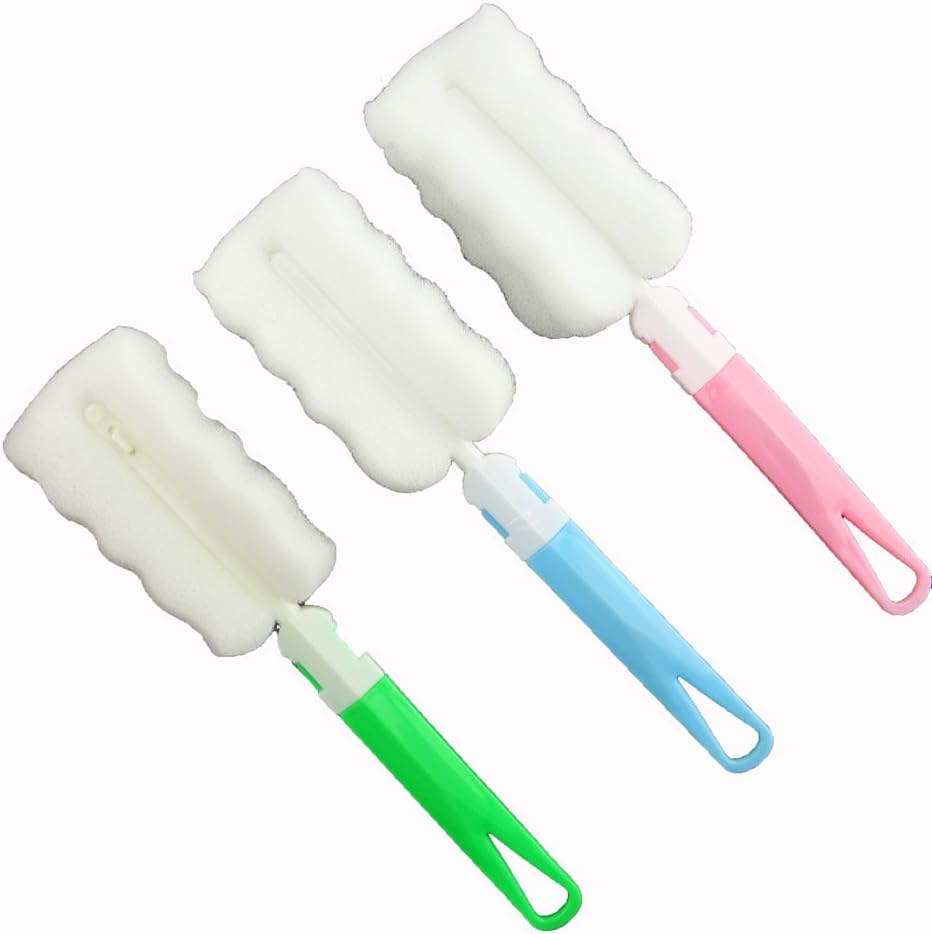 CLEAN WORLD Kitchen Bottle brush Pack of 3 Bottle Brushes, Dismountable Long Handle Bottle Cleaning Sponge, Soft Sponge Head, Blue, Green, Pink