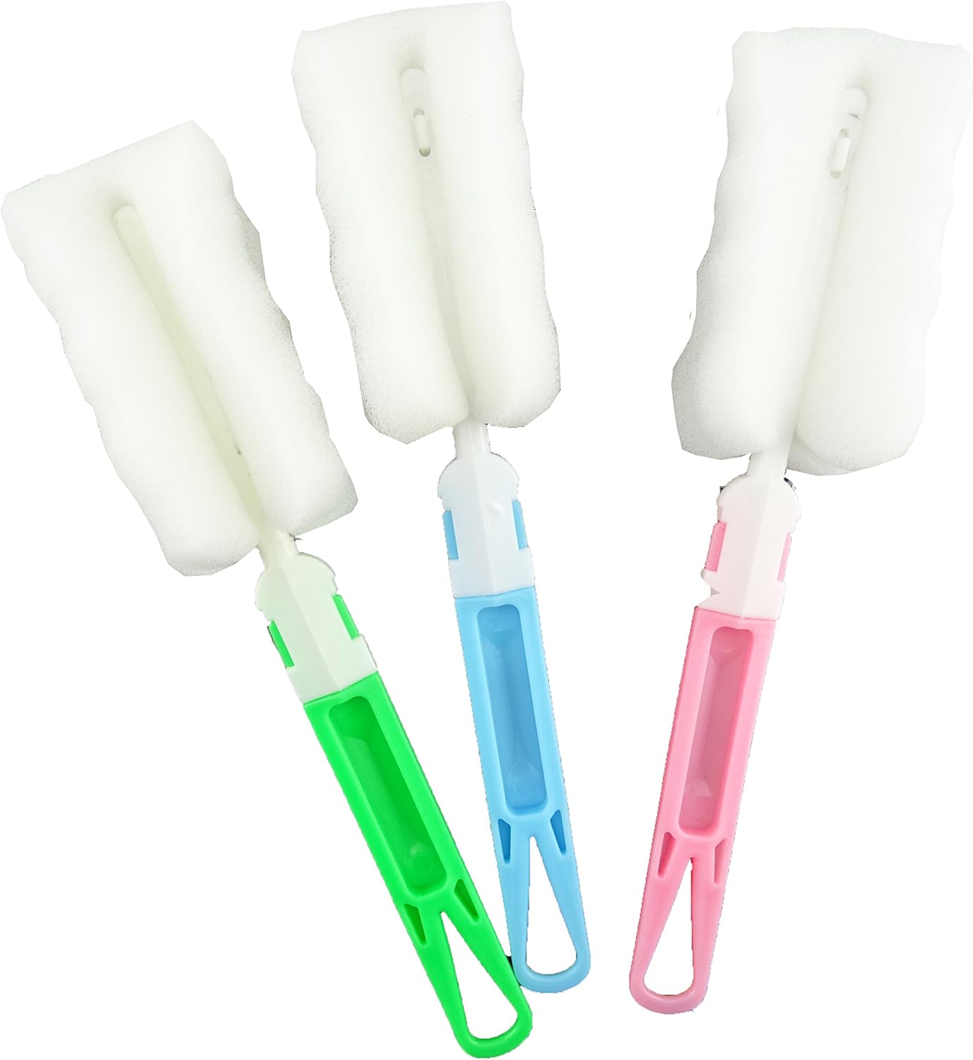 CLEAN WORLD Kitchen Bottle brush Pack of 3 Bottle Brushes, Dismountable Long Handle Bottle Cleaning Sponge, Soft Sponge Head, Blue, Green, Pink