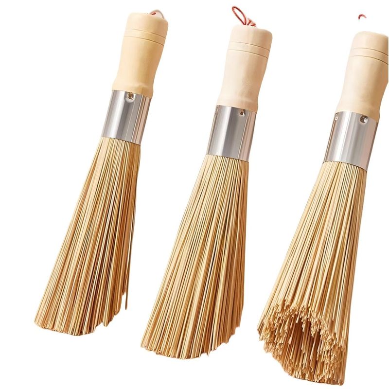CLEAN WORLD Kitchen Pot and bowl brush 3pcs Bamboo Brush for Kitchen Long Handle Pot Scrubber Dish Scrubbers Comfort Grip Dish Brush