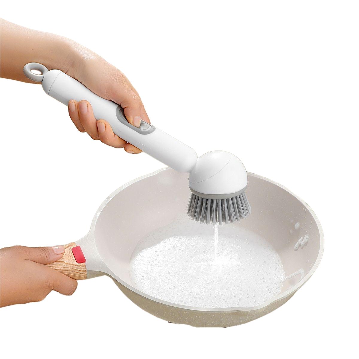 CLEAN WORLD Kitchen Pot and bowl brush Liquid Dispensing Dish Cleaning Brush with Handle and Hanging Loop, Rotating Scrub Head, Wall Hanging Kitchen Cleaning Brush