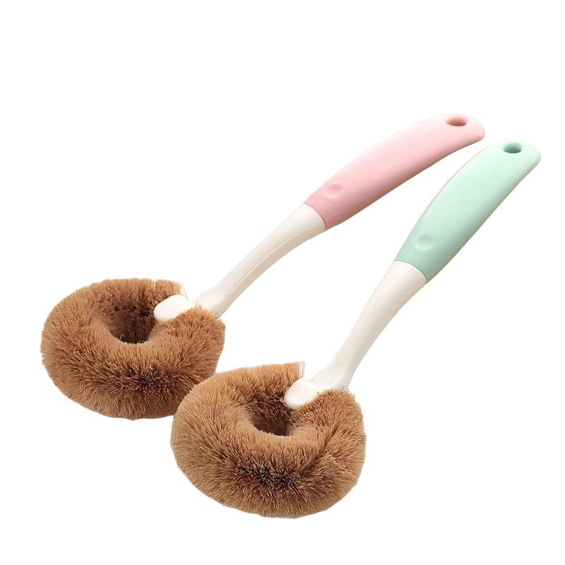 CLEAN WORLD Kitchen Pot and Bowl Brush Coconut Palm Wok Brush Non-Stick pan Wok Brush Non-Stick Oil wash Wok Brush Non-Hurt pan Wok Brush Long Handle Cleaning Brush Pink