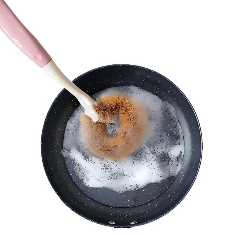 CLEAN WORLD Kitchen Pot and Bowl Brush Coconut Palm Wok Brush Non-Stick pan Wok Brush Non-Stick Oil wash Wok Brush Non-Hurt pan Wok Brush Long Handle Cleaning Brush Pink