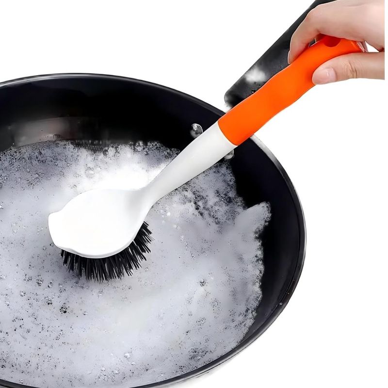 CLEAN WORLD Kitchen Pot and Bowl Brush Ergonomic Long Handle Pot Scrubber - Non-Stick Dish and Pan Cleaning Brush