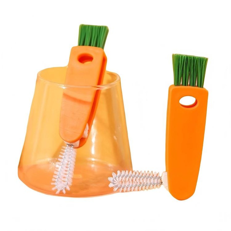 CLEAN WORLD Kitchen Bottle brush 3 in 1 Tiny Bottle Cup Lid Detail Brush Straw Cleaner Tools Water Bottle Cleaning Crevice Brush for Bottles Carrot Clean Brushes for Nursing Bottle Cups Cover