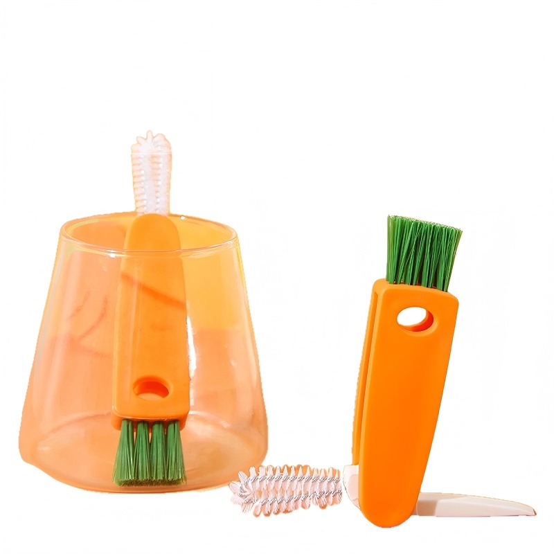 CLEAN WORLD Kitchen Bottle brush 3 in 1 Tiny Bottle Cup Lid Detail Brush Straw Cleaner Tools Water Bottle Cleaning Crevice Brush for Bottles Carrot Clean Brushes for Nursing Bottle Cups Cover