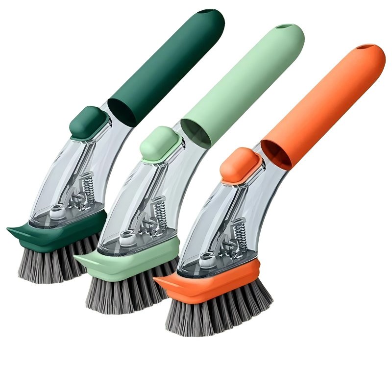 CLEAN WORLD Kitchen Pot and Bowl Brush Soap Dispensing Dish Brush with Handle, Kitchen Scrub Brush for Dishes Pots Pans Sink Cleaning (Light Green) DAPOWER