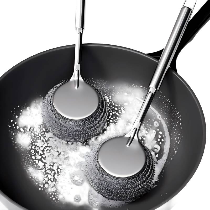 CLEAN WORLD Kitchen Pot and Bowl Brush Stainless Steel Wool Scrubber with Long Handle for Dishes,Scrubbing Scouring Brush for Kitchen Pots,Pans,Sink