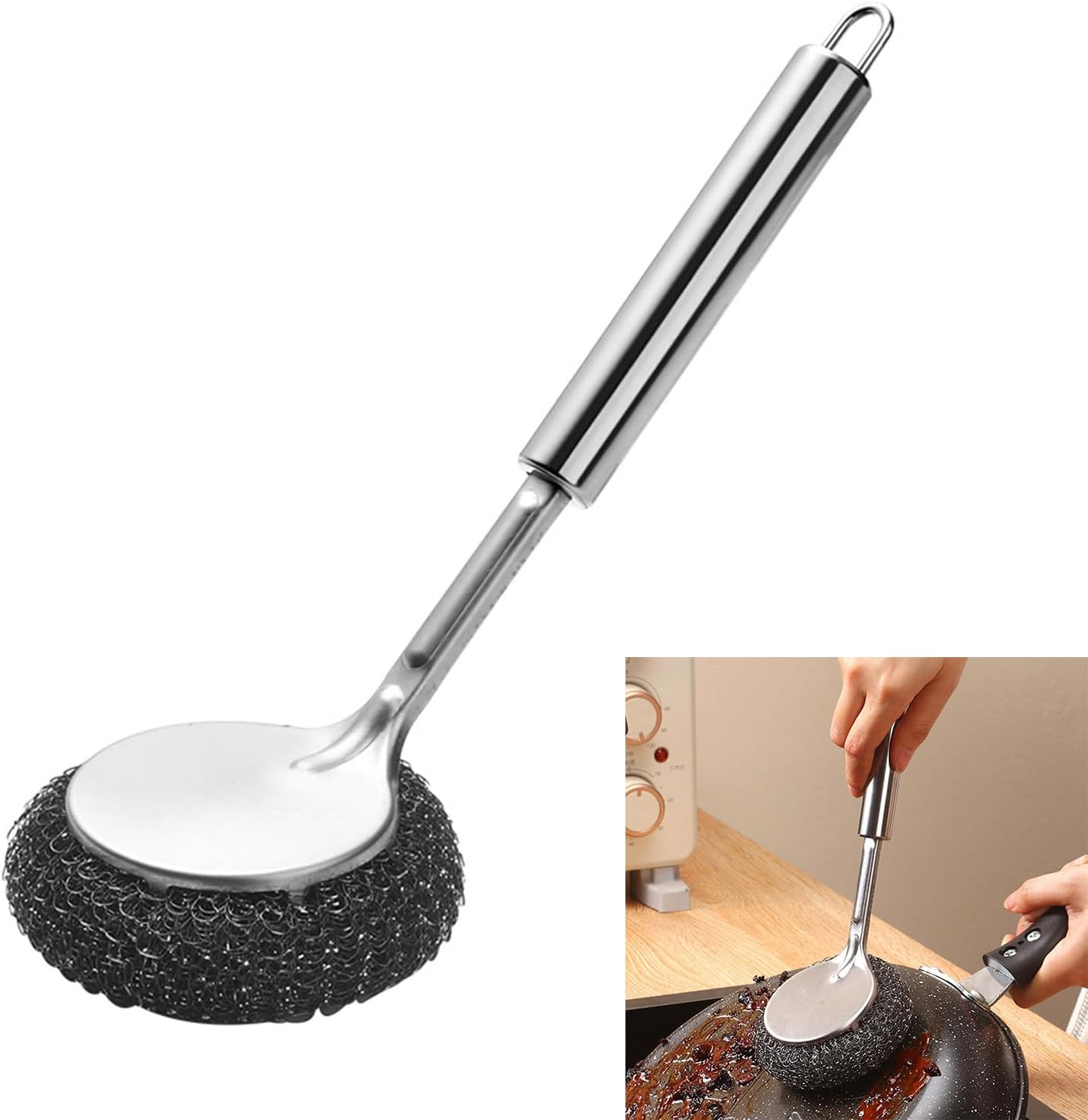 CLEAN WORLD Kitchen Pot and Bowl Brush Stainless Steel Wool Scrubber with Long Handle for Dishes,Scrubbing Scouring Brush for Kitchen Pots,Pans,Sink