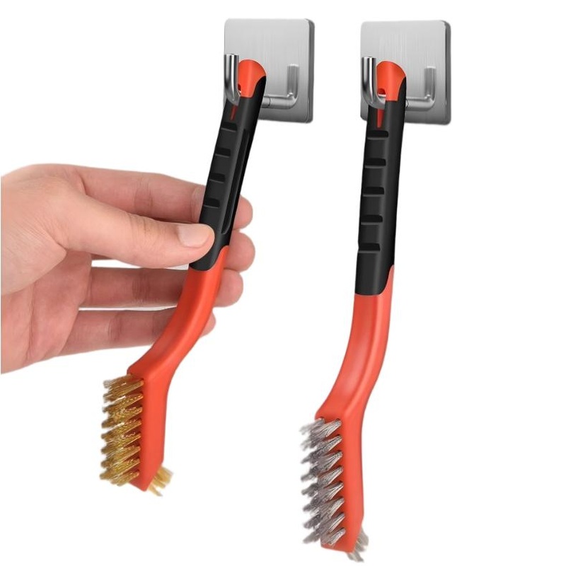 CLEAN WORLD Kitchen Gas Stove Brush Wire Brush 3Pcs Metal Scrubber - Nylon/Brass/Stainless Steel Bristles with Curved Handle Grip for Cleaning Rust Removal, Dirt, Paint Scrubbing with Deep Cleaning – 7 Inches