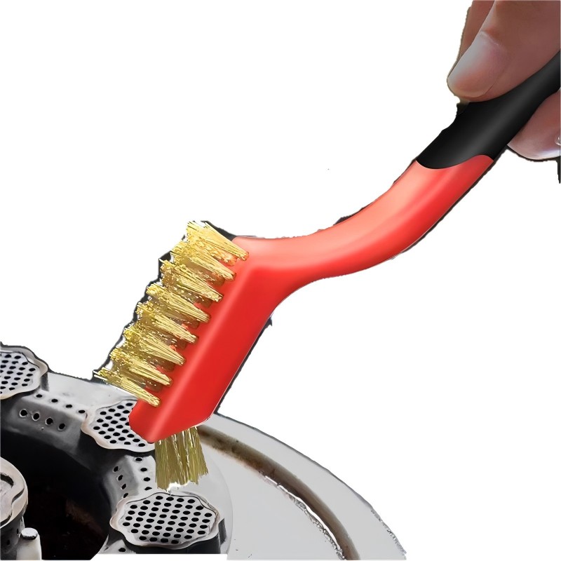 CLEAN WORLD Kitchen Gas Stove Brush Wire Brush 3Pcs Metal Scrubber - Nylon/Brass/Stainless Steel Bristles with Curved Handle Grip for Cleaning Rust Removal, Dirt, Paint Scrubbing with Deep Cleaning – 7 Inches