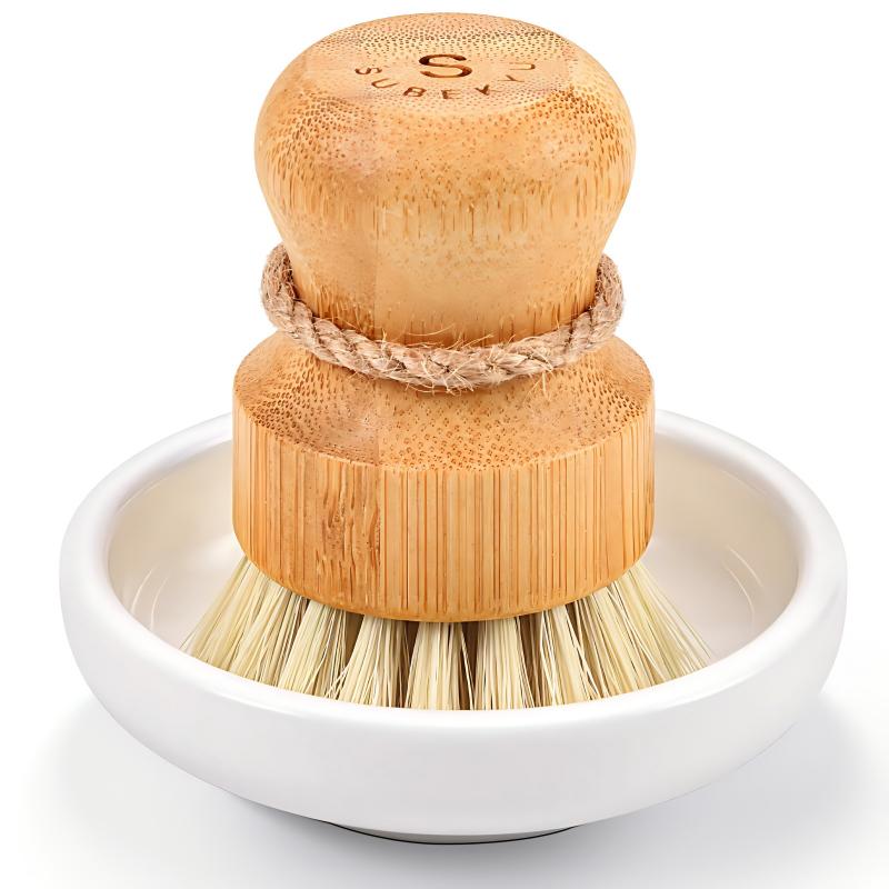CLEAN WORLD Kitchen Pot and Bowl Brush Bamboo Dish Scrub Brush for Kitchen Sink, Natural Wooden Washing Dish Brush Scrubber with Sisal Bristles for Household Cleaning, Cast Iron Pots, Pans and Vegetables