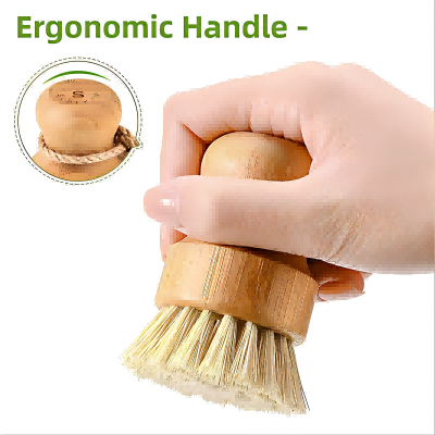 CLEAN WORLD Kitchen Pot and Bowl Brush Bamboo Dish Scrub Brush for Kitchen Sink, Natural Wooden Washing Dish Brush Scrubber with Sisal Bristles for Household Cleaning, Cast Iron Pots, Pans and Vegetables