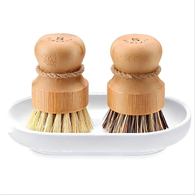CLEAN WORLD Kitchen Pot and Bowl Brush Bamboo Dish Scrub Brush for Kitchen Sink, Natural Wooden Washing Dish Brush Scrubber with Sisal Bristles for Household Cleaning, Cast Iron Pots, Pans and Vegetables