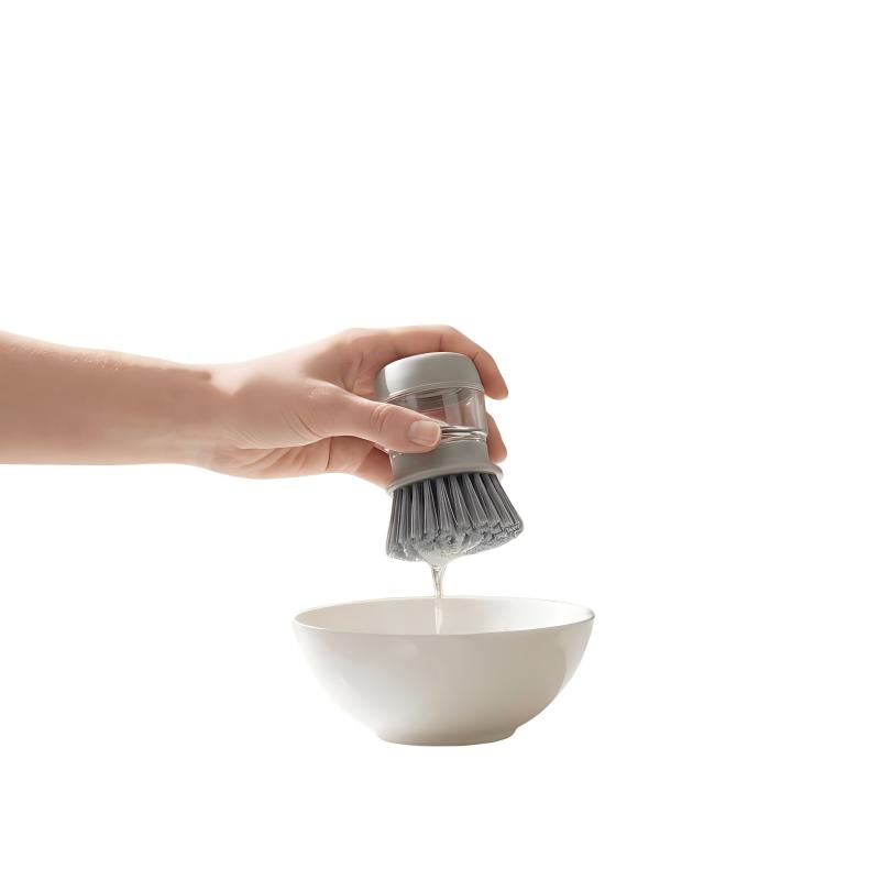 CLEAN WORLD Kitchen Pot and Bowl Brush Good Grips Soap Dispensing Palm Brush, Dish Scrub Brush, Kitchen Brushes for Dishes, Kitchen Brush with Holder for Pot Pan Sink Cleaning (Gray)