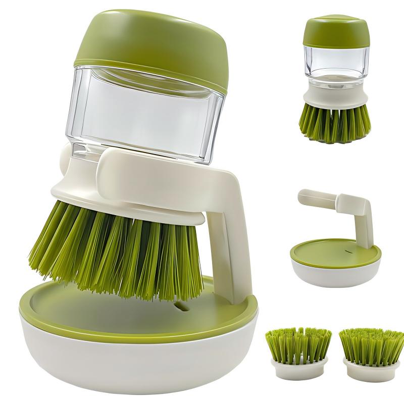 CLEAN WORLD Kitchen Pot and Bowl Brush Good Grips Soap Dispensing Palm Brush, Dish Scrub Brush, Kitchen Brushes for Dishes, Kitchen Brush with Holder for Pot Pan Sink Cleaning (Gray)