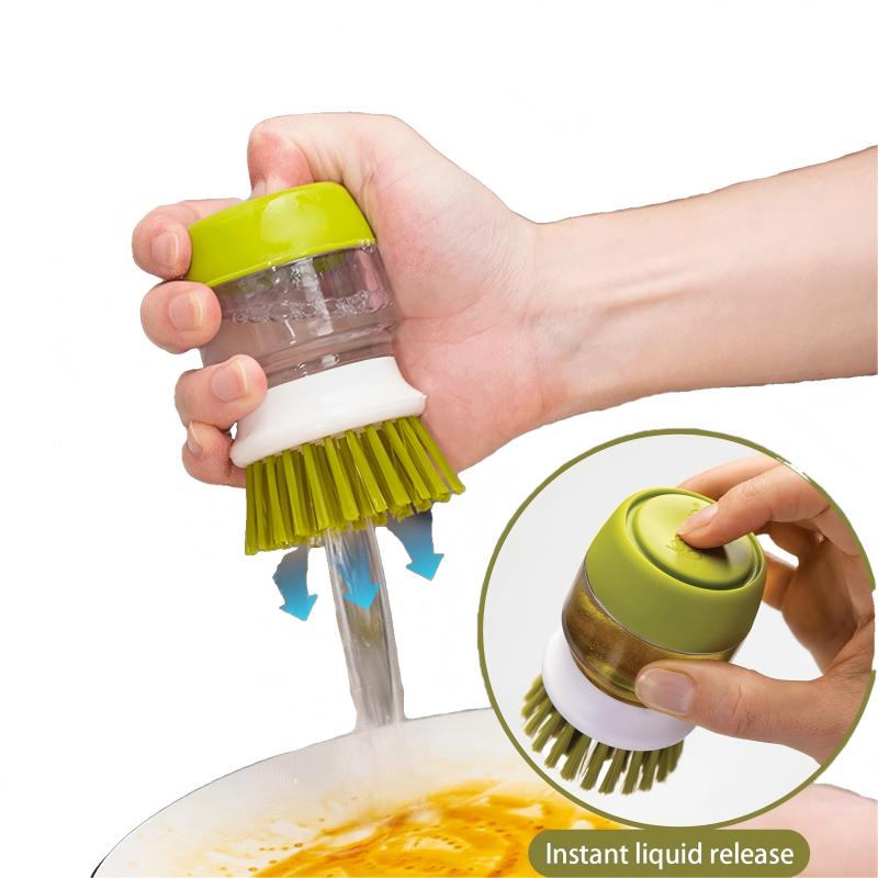 CLEAN WORLD Kitchen Pot and Bowl Brush Good Grips Soap Dispensing Palm Brush, Dish Scrub Brush, Kitchen Brushes for Dishes, Kitchen Brush with Holder for Pot Pan Sink Cleaning (Gray)