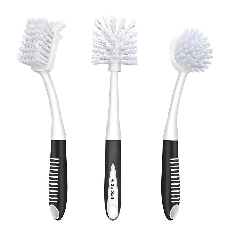 CLEAN WORLD Kitchen Pot and Bowl Brush Dish Brush Set of 3 with Bottle Brush, Dish Scrub Brush with Long Handle Deep Cleaning Handle Brush with Scraper Tip for Kitchen Sink Dishes Bottle Cup Pot and Pans Tile Lines, Black