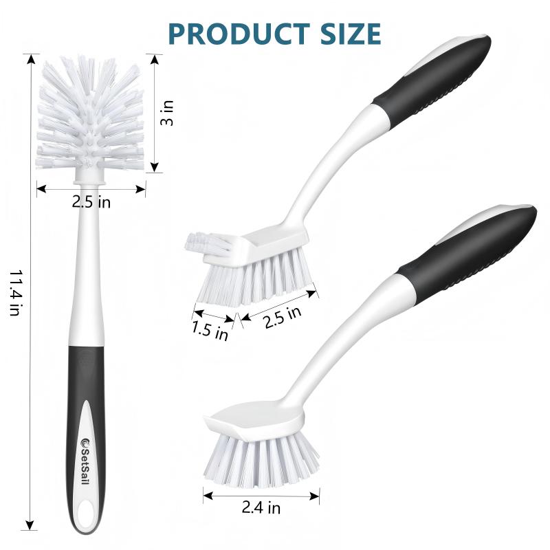 CLEAN WORLD Kitchen Pot and Bowl Brush Dish Brush Set of 3 with Bottle Brush, Dish Scrub Brush with Long Handle Deep Cleaning Handle Brush with Scraper Tip for Kitchen Sink Dishes Bottle Cup Pot and Pans Tile Lines, Black