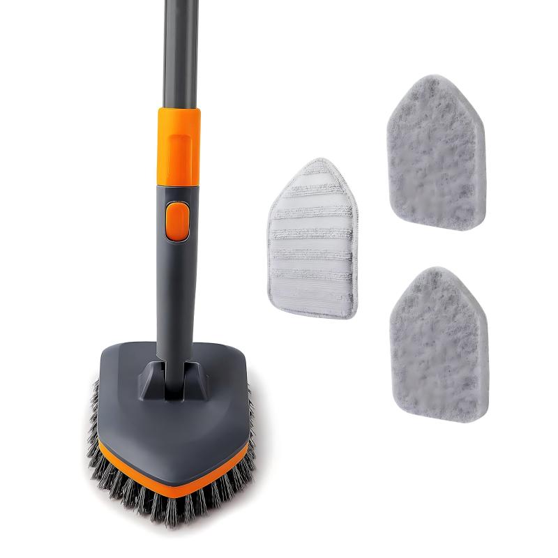 CLEAN WORLD Bathroom Brush, Tile Tub Scrubber Brush with 3 Different Function Cleaning Heads and 56" Extendable Long Handle-No Scratch Shower Scrubber for Cleaning Bathroom Kitchen Toilet Wall,Bathtub,Sink,Grey