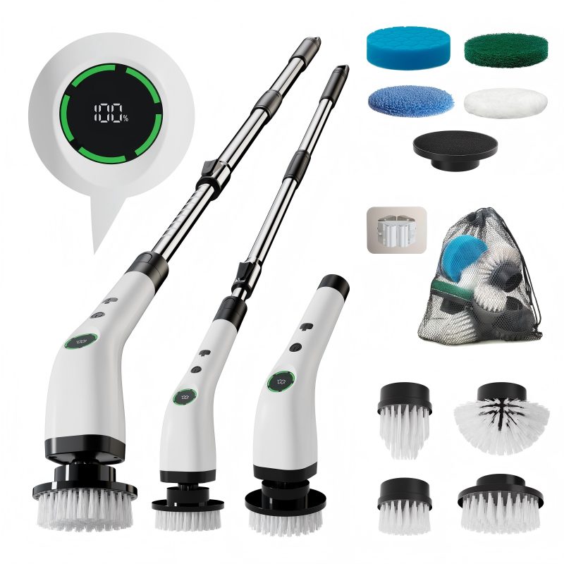 CLEAN WORLD Bathroom Brush, Electric Bathroom Cleaning Brush, Cordless Spin Scrubber Full Body Waterproof IPX7 with Adjustable Handle, 8 Replaceable Brush Heads for Bathtub/Kitchen/Window/Home -SD-CTB01