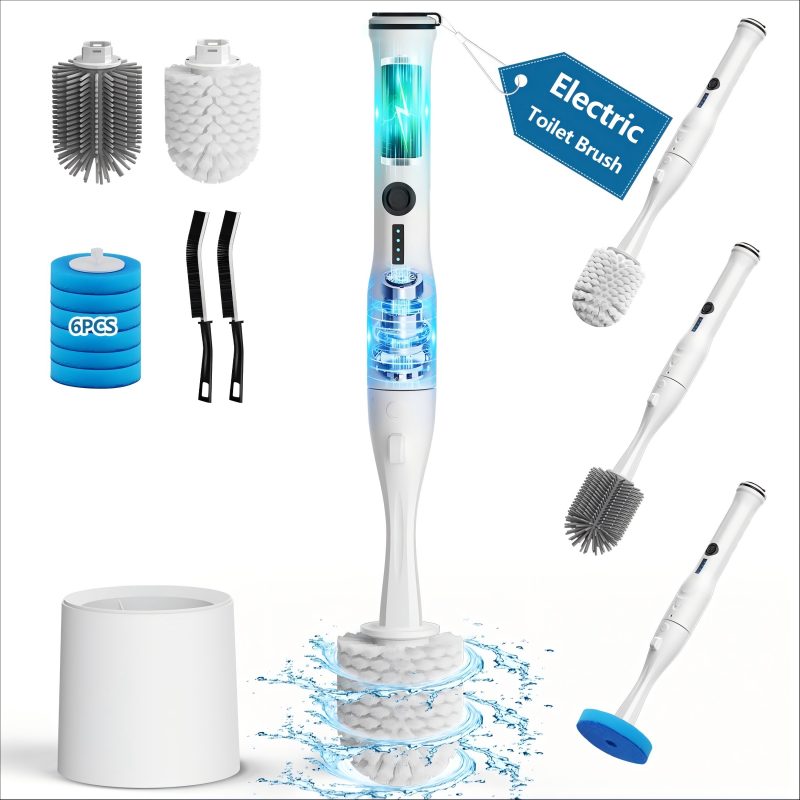 CLEAN WORLD Bathroom Toilet Brush, Electric Toilet Brush and Holder Set, 8 in 1 Electric Toilet Bowl Cleaning Kit with 8 Replaceable Brushes, Hard Nylon Brush and Soft Silicone Brush, 6 Refills Disposable Cleaner Brush