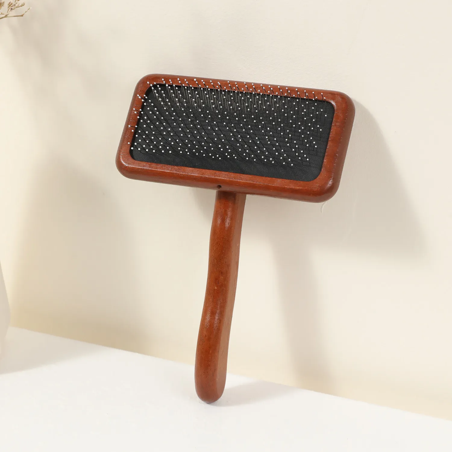 CLEAN WORLD Solid Wood Handle Air Cushion Wire Fine Tooth Pet Comb, Dog Cat Deshedding Floating Hair Grooming Brush