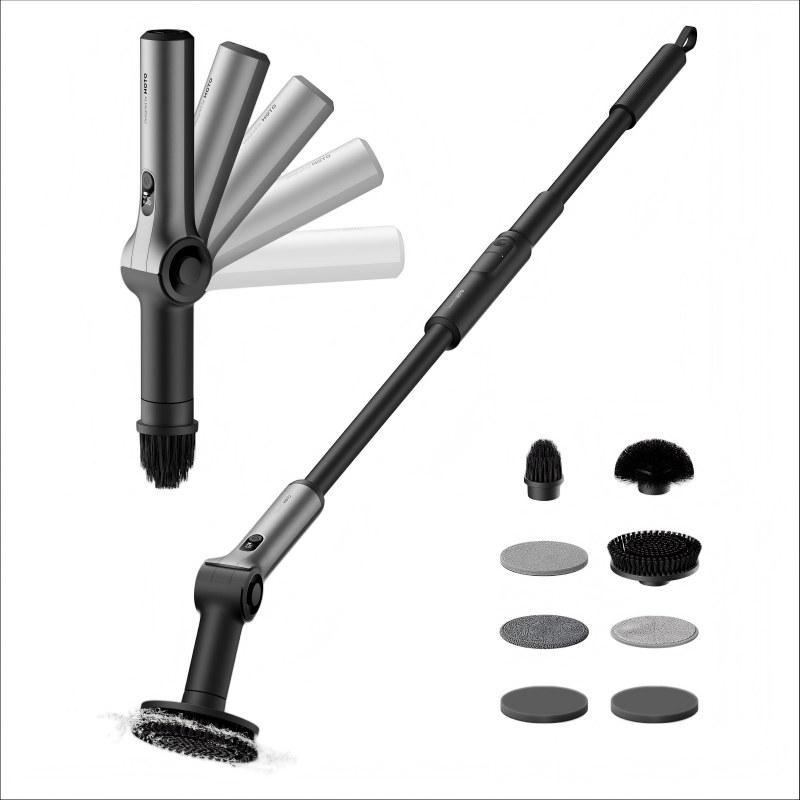 CLEAN WORLD Bathroom Brush, Cordless Electric Spin Scrubber, Adjustable Angle, Extendable Handle, Smart Display, IPX7 Waterproof, Powerful Cleaning Scrubber with 8 Replaceable Brush Heads, for Bathtub, Bathroom, Tile