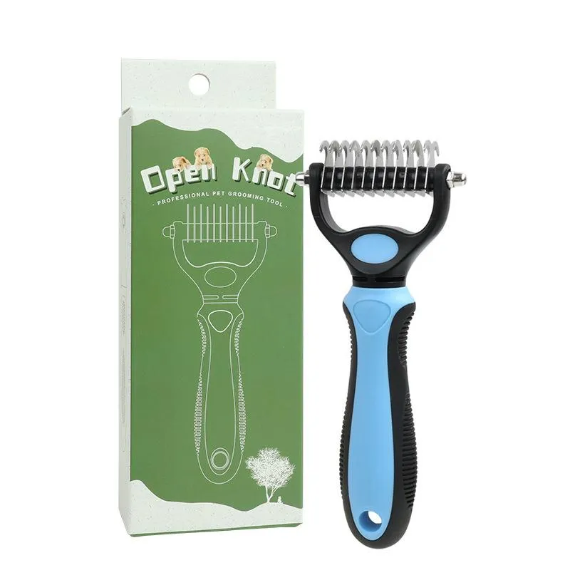 CLEAN WORLD Double Sided Pet Dematting Rake Comb, Dog Cat Deshedding Hair Removal Grooming Brush