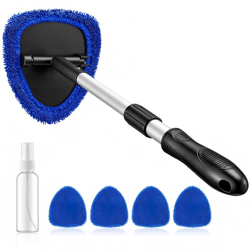 CLEAN WORLD Car body brush, Windshield Cleaner Tool, Car Interior Detailing Cleaning Kit with Extendable Handle and 4 Upgraded High-Density Reusable Microfiber Pads, Auto Glass Wiper Brush Kit for Cars, Gray, 15.9in-21in
