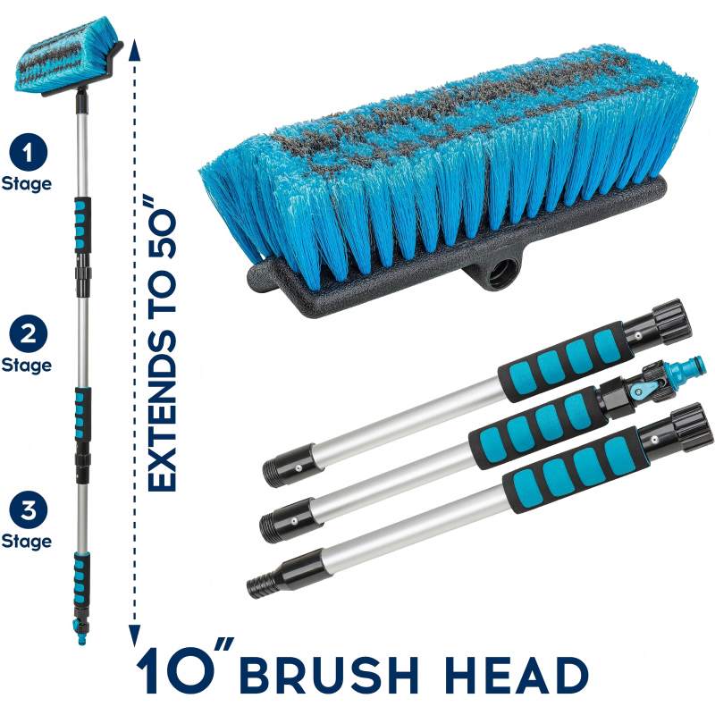 CLEAN WORLD Car body brush, Car Wash Brush with 50'' Long Handle, Car Cleaning Brush with Hose Attachment, Car Brushes for Washing 10'' Soft Bristles for Scratch-Free Cleaning Auto, Truck, Boat, Floor and More