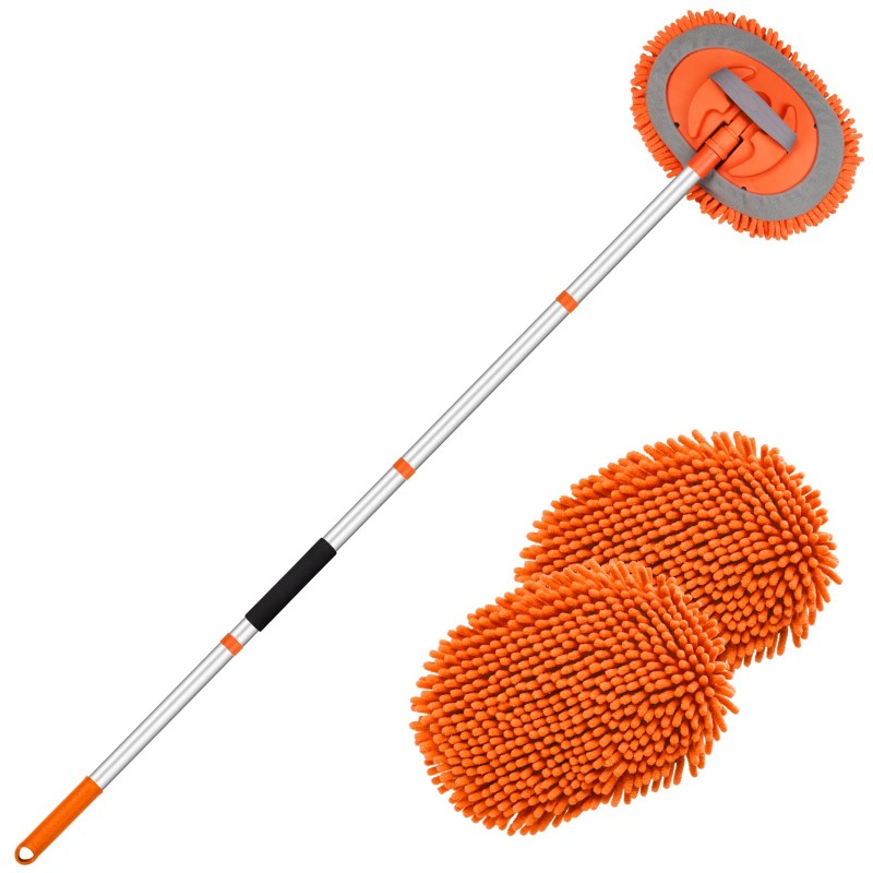 CLEAN WORLD Car body brush, 62" Car Wash Brush Kit Mitt Mop Sponge with Long Handle Chenille Microfiber Car Cleaning Brush Kit Supplies Car Washing Mop Kit Car Care Kit of Scratch-Free Replacement Head for Car RV Truck