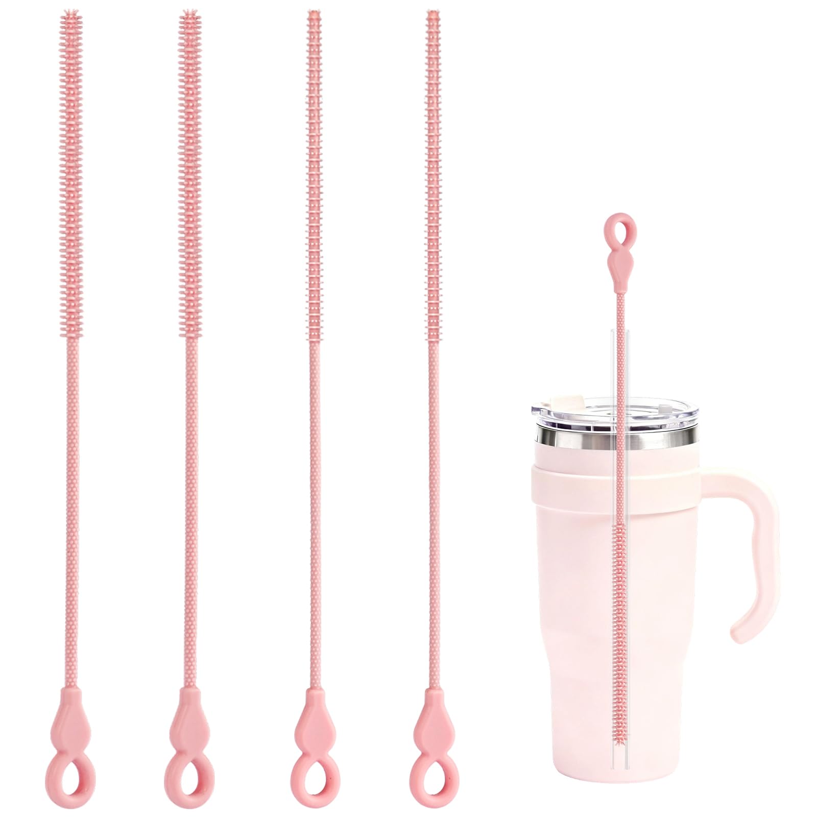 CLEAN WORLD Kitchen Straw Brush Silicone Straw Cleaner Brush, 4-Piece Reusable Straw Brush Set with Extra-Long Design for Cleaning Thin Metal Straws and Wider Milkshake Straws （6mm+9mm Pink)