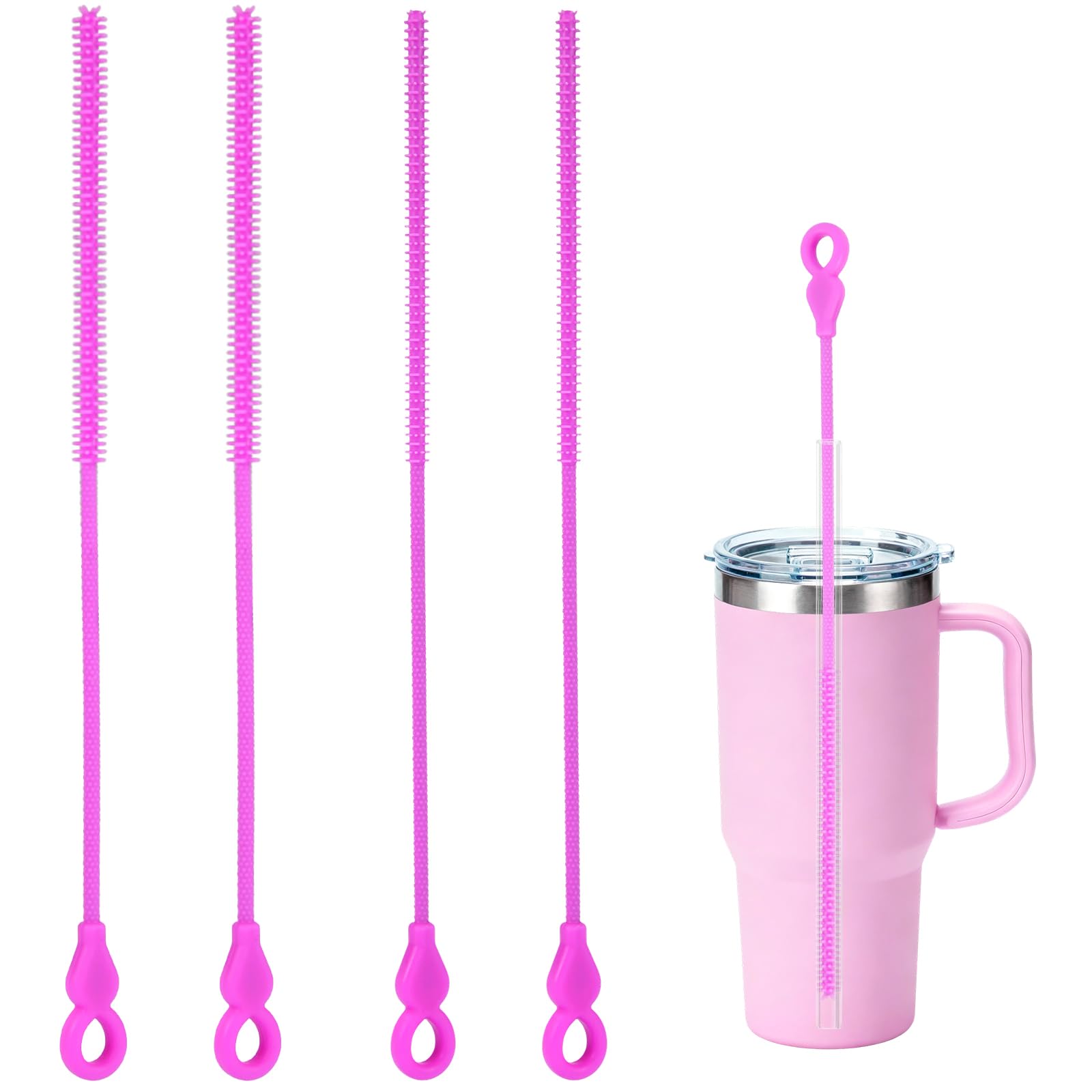 CLEAN WORLD Kitchen Straw Brush Silicone Straw Cleaner Brush, 4-Piece Reusable Straw Brush Set with Extra-Long Design for Cleaning Thin Metal Straws and Wider Milkshake Straws （6mm+9mm Pink)