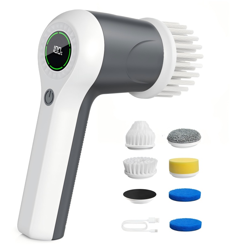 CLEAN WORLD Bathroom Brush, Electric Spin Scrubber, Cordless Shower Scrubber with Battery Level Display, 2 Speeds Electric Scrubber for Cleaning with 6 Replaceable Heads, Cleaning Brush for Bathroom/Sink/Window