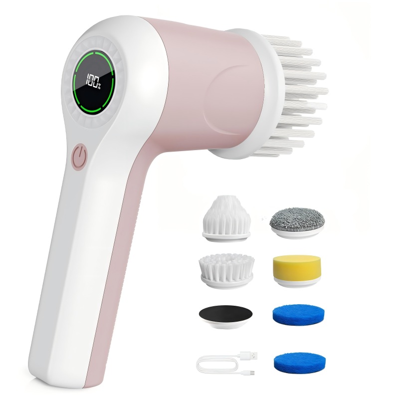 CLEAN WORLD Bathroom Brush, Electric Spin Scrubber, Cordless Shower Scrubber with Battery Level Display, 2 Speeds Electric Scrubber for Cleaning with 6 Replaceable Heads, Cleaning Brush for Bathroom/Sink/Window