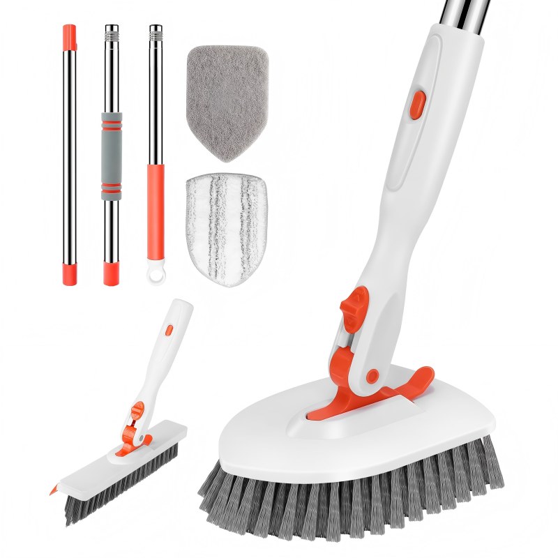 CLEAN WORLD Bathroom Brush, Floor Scrub Brush, 3-In-1 Tile Tub Floor Scrubber with 52-inch Adjustable Long Handle Shower Cleaner and 3 Detachable Replacement Brush Heads for Cleaning Bathroom Kitchen Walls Tub Tile