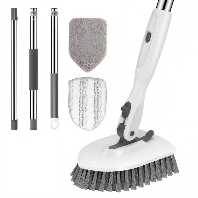 CLEAN WORLD Bathroom Brush, Floor Scrub Brush, 3-In-1 Tile Tub Floor Scrubber with 52-inch Adjustable Long Handle Shower Cleaner and 3 Detachable Replacement Brush Heads for Cleaning Bathroom Kitchen Walls Tub Tile