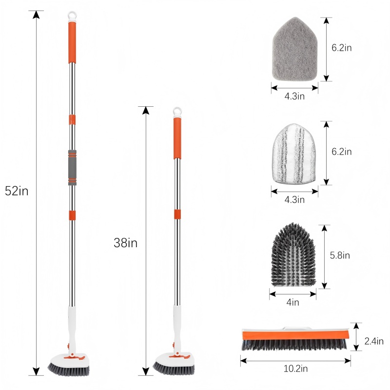 CLEAN WORLD Bathroom Brush, Floor Scrub Brush, 3-In-1 Tile Tub Floor Scrubber with 52-inch Adjustable Long Handle Shower Cleaner and 3 Detachable Replacement Brush Heads for Cleaning Bathroom Kitchen Walls Tub Tile