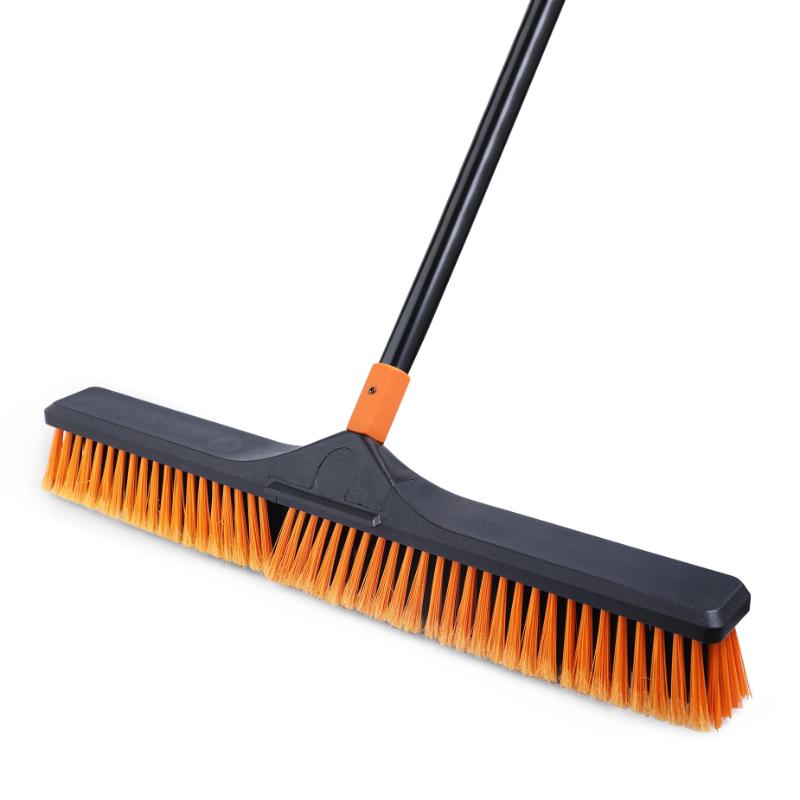 CLEAN WORLD Floor Cleaning Push Broom Brush Orange Heavy Duty Brush for Shop, Deck, Garage, Concrete with Long Handle and Stiff Bristles