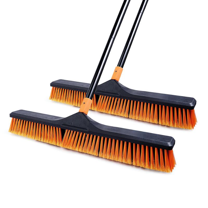 CLEAN WORLD Floor Cleaning Push Broom Brush Orange Heavy Duty Brush for Shop, Deck, Garage, Concrete with Long Handle and Stiff Bristles
