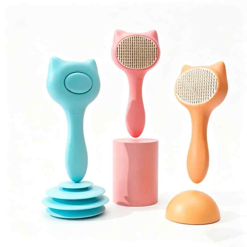 CLEAN WORLD New Cute Cat Shape Pet Button Comb Dog Cat Self Cleaning Slicker Grooming Brush
