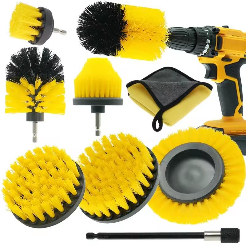 CLEAN WORLD Industrial Drill Brush 9 Pieces Power Scrubber Electric Drill Cleaning Brushes Set Cleaning Tile Floor Toilet Kitchen Brush Fixing Drill