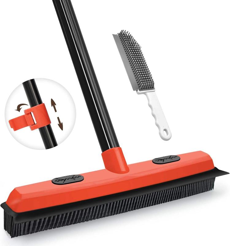 CLEAN WORLD Rubber Broom Carpet Rake Portable Detailing Brush Telescopic Long Handle Floor Brush for Fluff Carpet