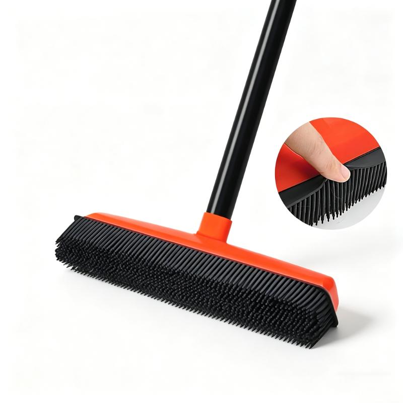 CLEAN WORLD Rubber Broom Carpet Rake Portable Detailing Brush Telescopic Long Handle Floor Brush for Fluff Carpet