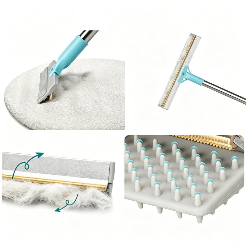 CLEAN WORLD 3 Pcs Pet Hair Remover Set - Extendable Carpet Lint Brush with Mini Lint Roller & Cleaning Tool for All Fabrics