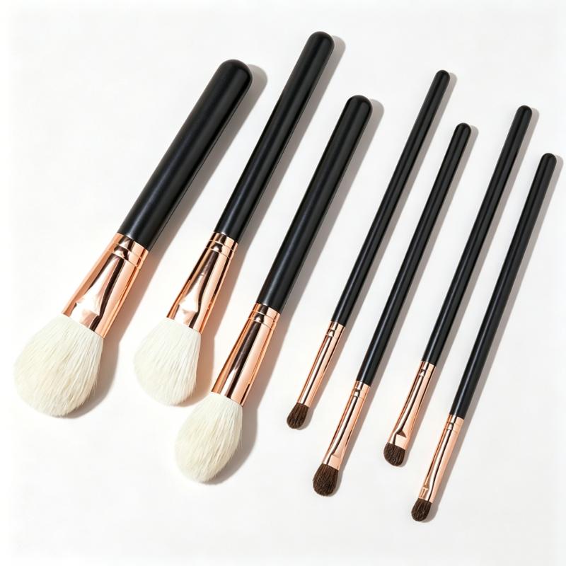 CLEAN WORLD 7 Pcs Natural Goat & Pony Hair Makeup Brush Set with Rose Gold Ferrules and Dark Brown Wood Handles