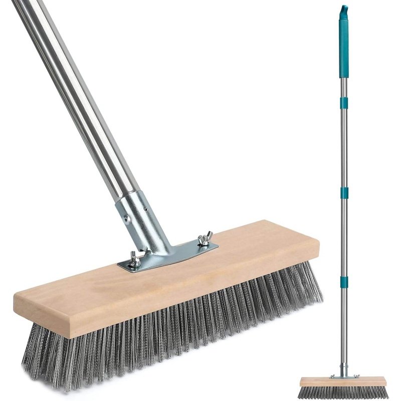 CLEAN WORLD Industrial Wire Brush Stainless Steel Deck Scrub Brush, Outdoor Broom for Concrete, Deck, Cement Floor Cleaning, 53" Heavy Duty Floor Scrubber