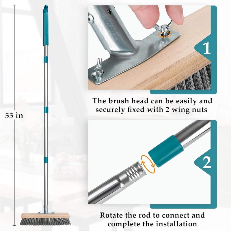 CLEAN WORLD Industrial Wire Brush Stainless Steel Deck Scrub Brush, Outdoor Broom for Concrete, Deck, Cement Floor Cleaning, 53" Heavy Duty Floor Scrubber