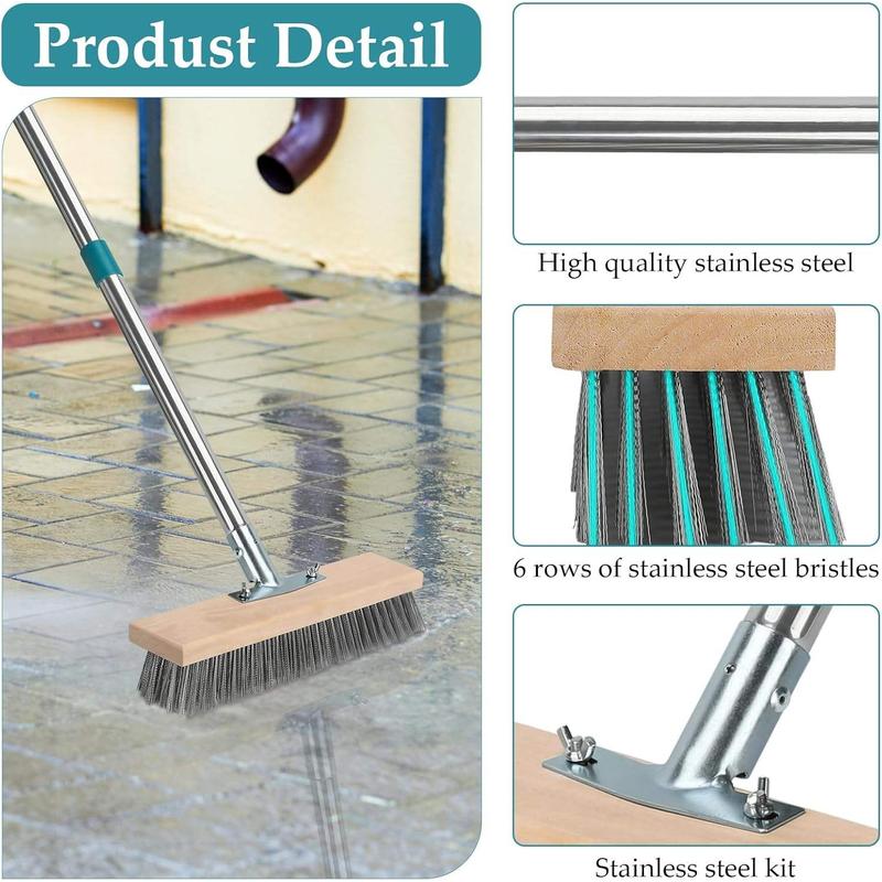 CLEAN WORLD Industrial Wire Brush Stainless Steel Deck Scrub Brush, Outdoor Broom for Concrete, Deck, Cement Floor Cleaning, 53" Heavy Duty Floor Scrubber