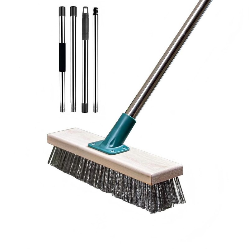 CLEAN WORLD Industrial Wire Brush Stainless Steel Wire Brush with Long Handle Deck Broom Brush Floor Scrubber Brush for Cleaning Outdoor Broom for Moss
